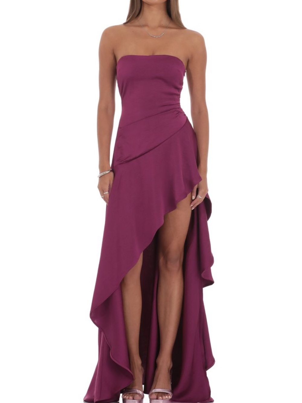 Lucy in the Sky Strapless High-Low Maxi Dress in Plum